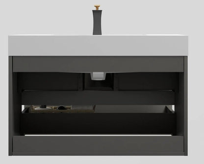 Alice wall-mounted bathroom vanity with white sink and dark gray storage drawers on Tampa Home & Garden Store