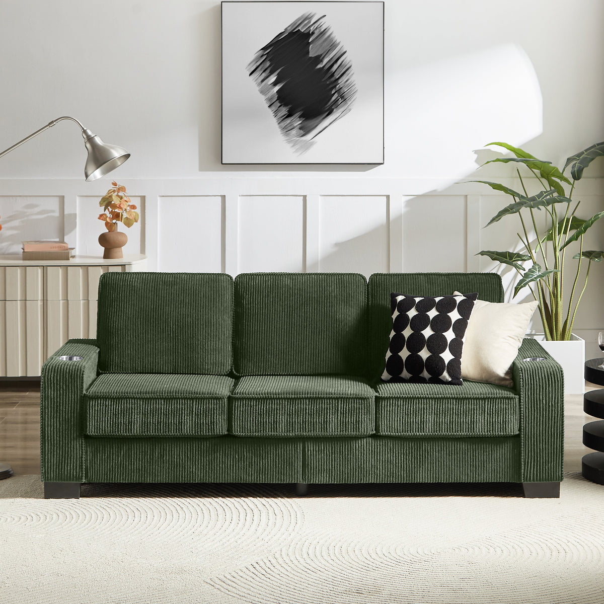 Modern Corduroy 3-Seater Sofa in green ribbed upholstery in a modern living room setting on Tampa Home & Garden Store