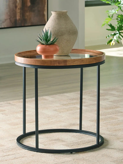 Noraluna round table with glass top and wood rim, paired with a succulent planter and woven vase on Tampa Home & Garden Store