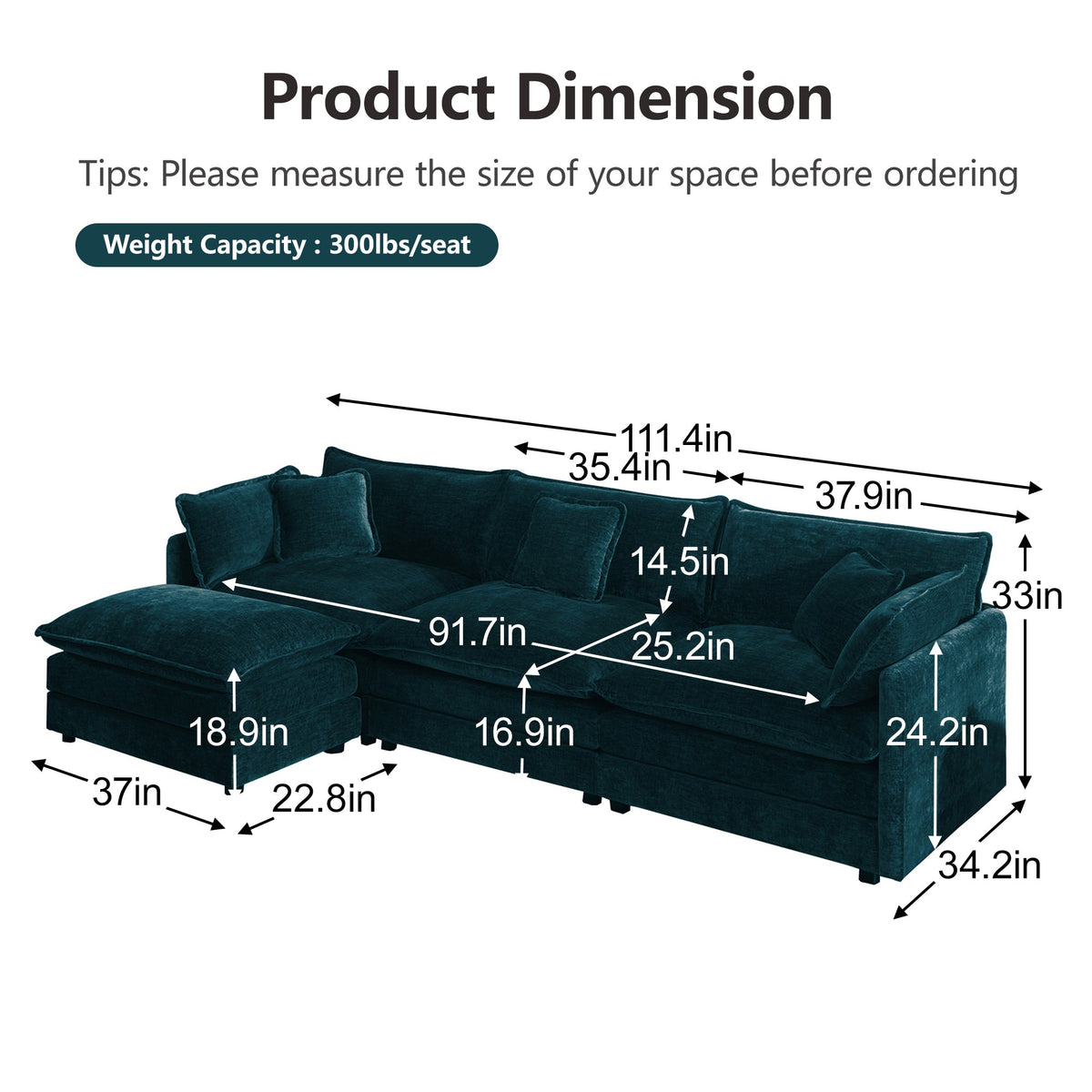 Comfortable Deep Seat Reversible Modular 3 Seater Sectional Sofa by HouseOfZazla teal velvet on Tampa Home & Garden Store