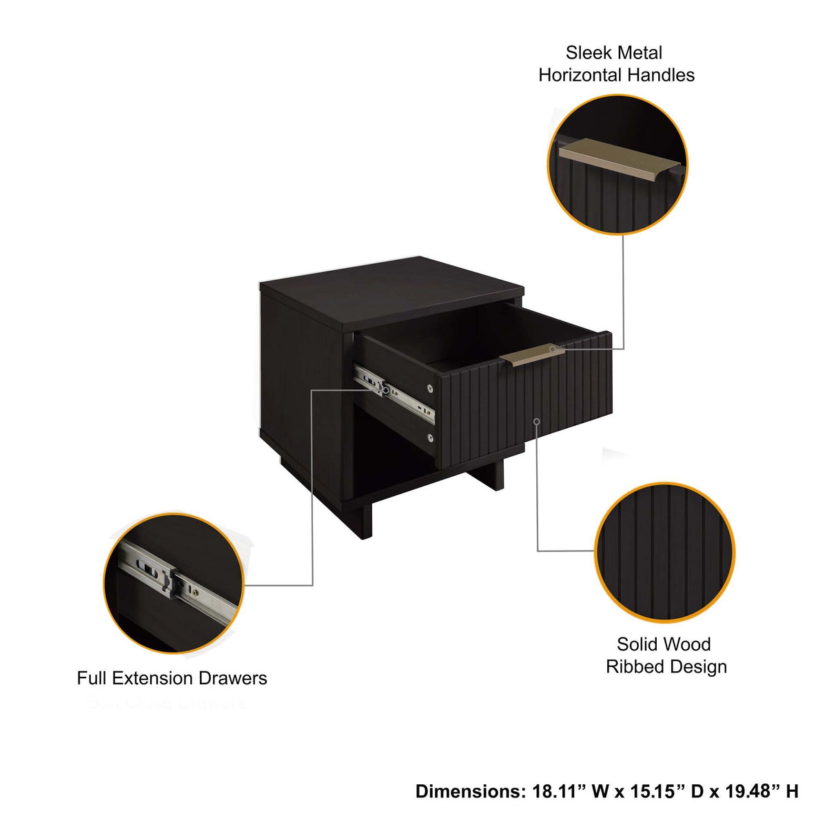 Granville Nightstand with 1 Drawer, solid wood, black ribbed finish, HouseOfZazla nightstand on Tampa Home & Garden Store
