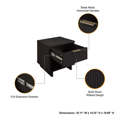 Granville Nightstand with 1 Drawer, solid wood, black ribbed finish, HouseOfZazla nightstand on Tampa Home & Garden Store