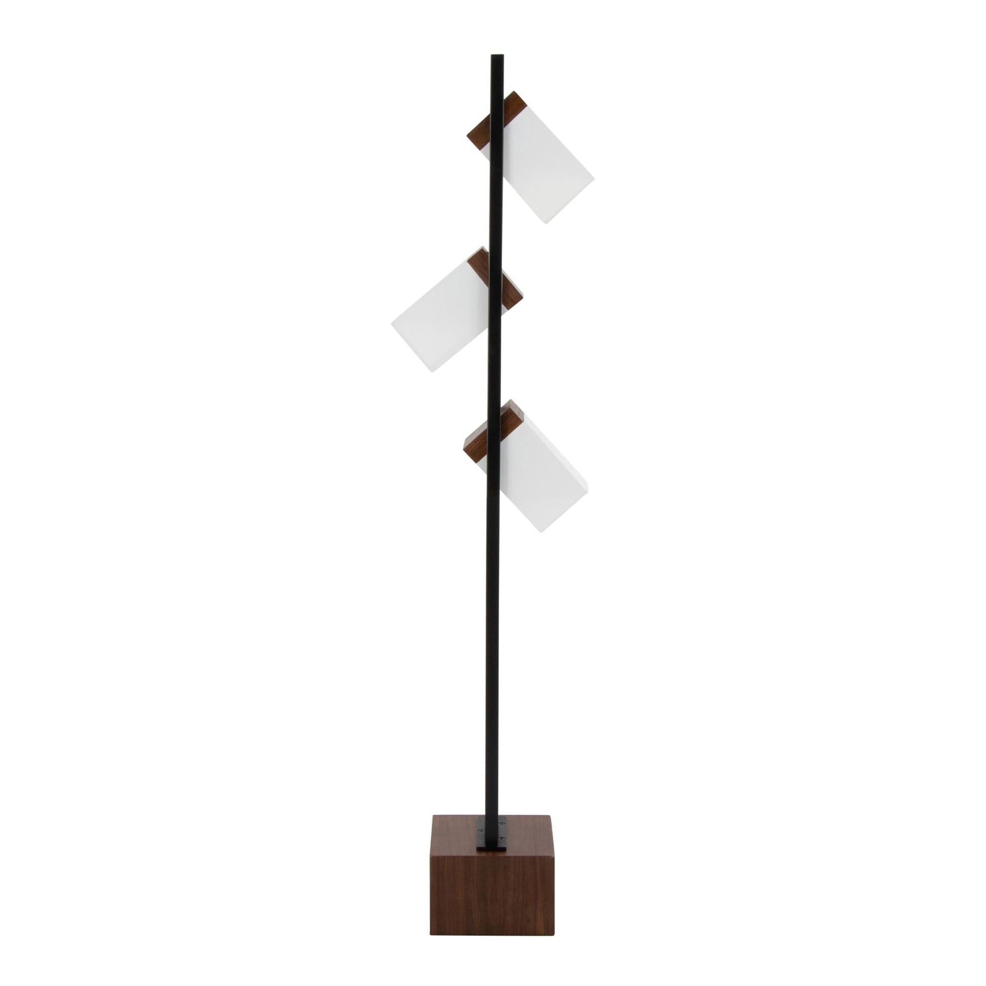 Bento contemporary floor lamp by HouseOfZazla, black stem, walnut base, white shade panels on Tampa Home & Garden Store