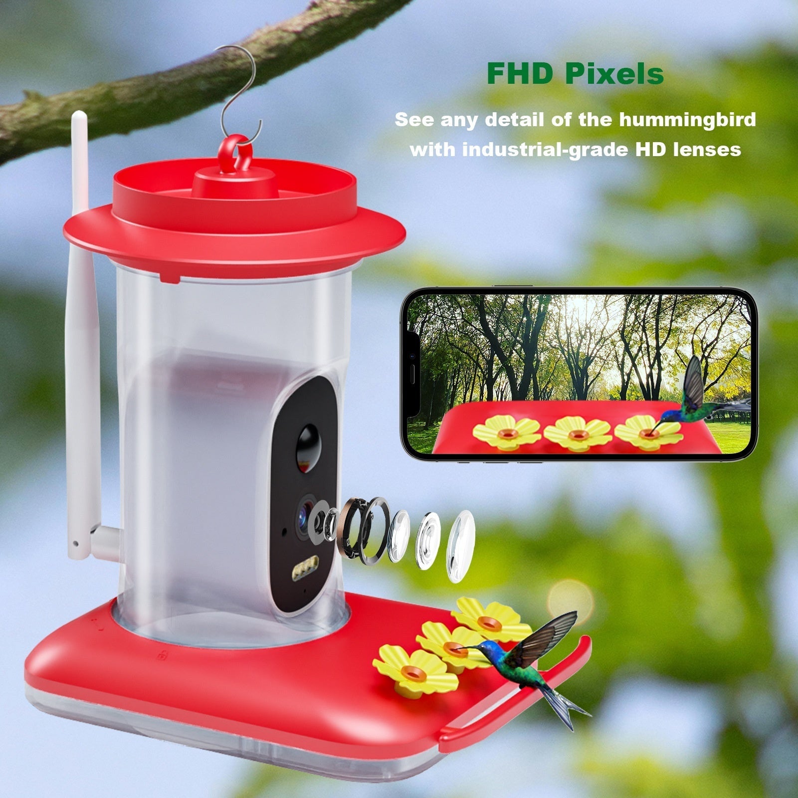 Intelligent Visual Hummingbird Water Feeder 5MP Outdoor HD red base, clear reservoir on Tampa Home & Garden Store