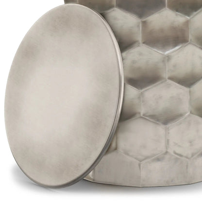 Whitney Metal Storage Table; circular brushed steel top beside quilted metal backdrop on Tampa Home & Garden Store