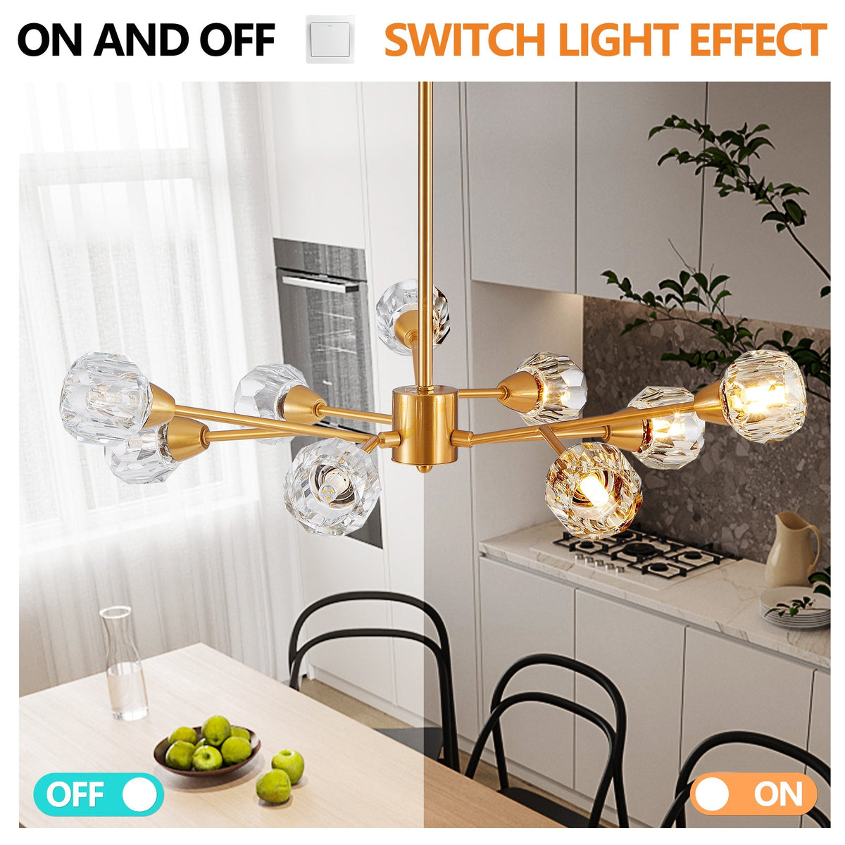 28in modern crystal chandelier with 9 lights in golden finish and crystal globe accents on Tampa Home & Garden Store