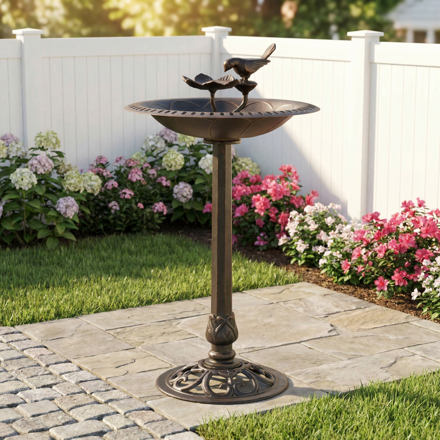 Outdoor aluminum and iron bird bath by HouseOfZazla with bronze finish on Tampa Home & Garden Store