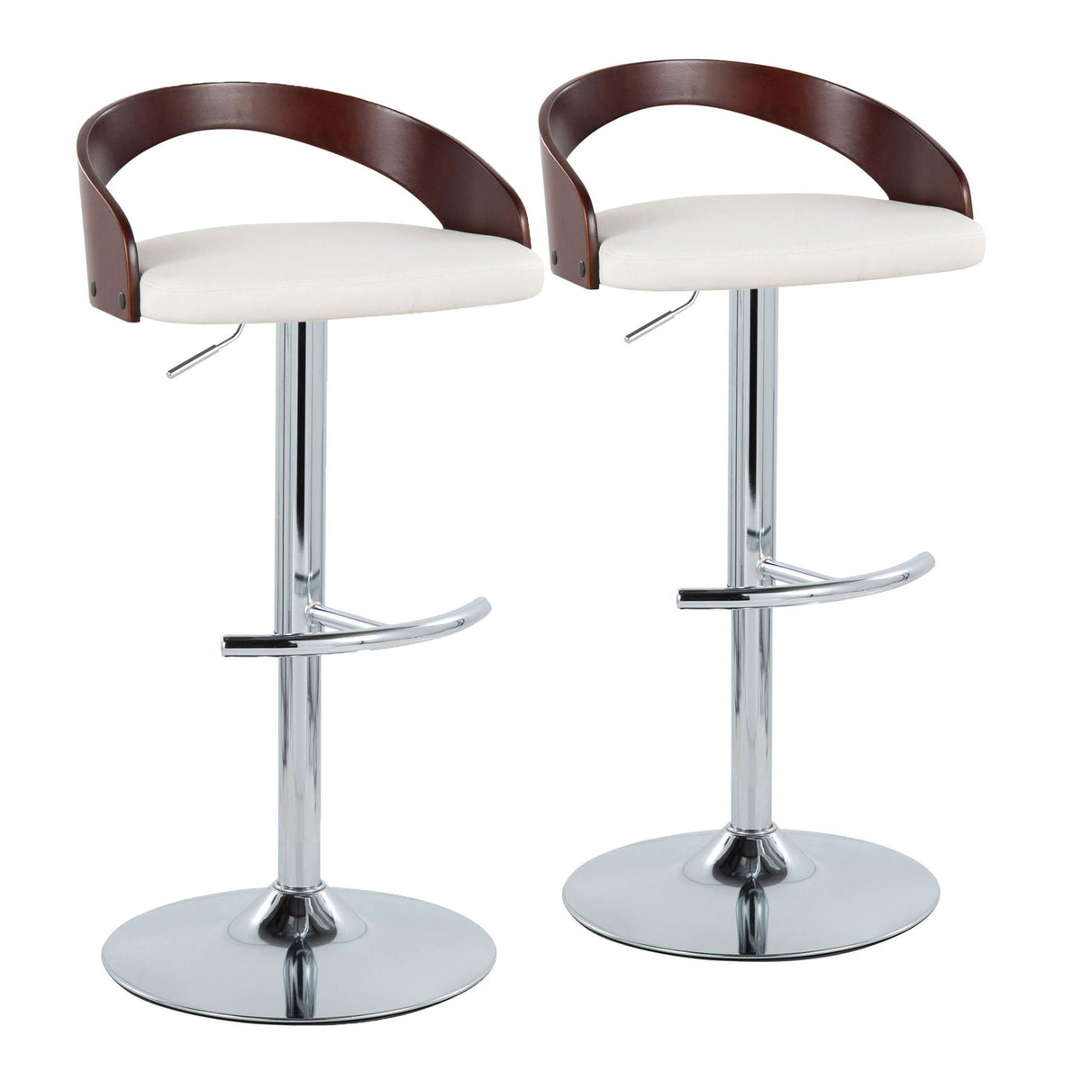 Contemporary adjustable barstool pair with swivel seats white cushions and wood backrests on Tampa Home & Garden Store