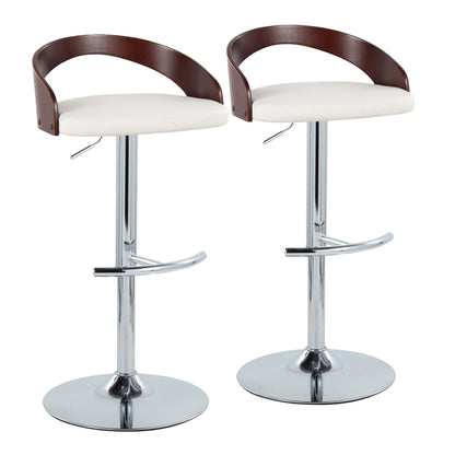 Contemporary adjustable barstool pair with swivel seats white cushions and wood backrests on Tampa Home & Garden Store
