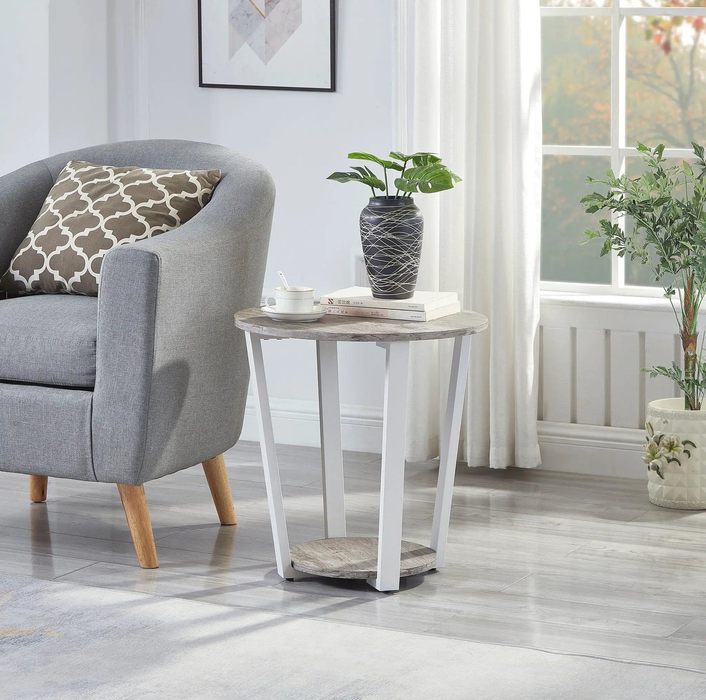 Unique Piece Furniture Elysian round end table with shelf gray wood finish white angled legs on Tampa Home & Garden Store