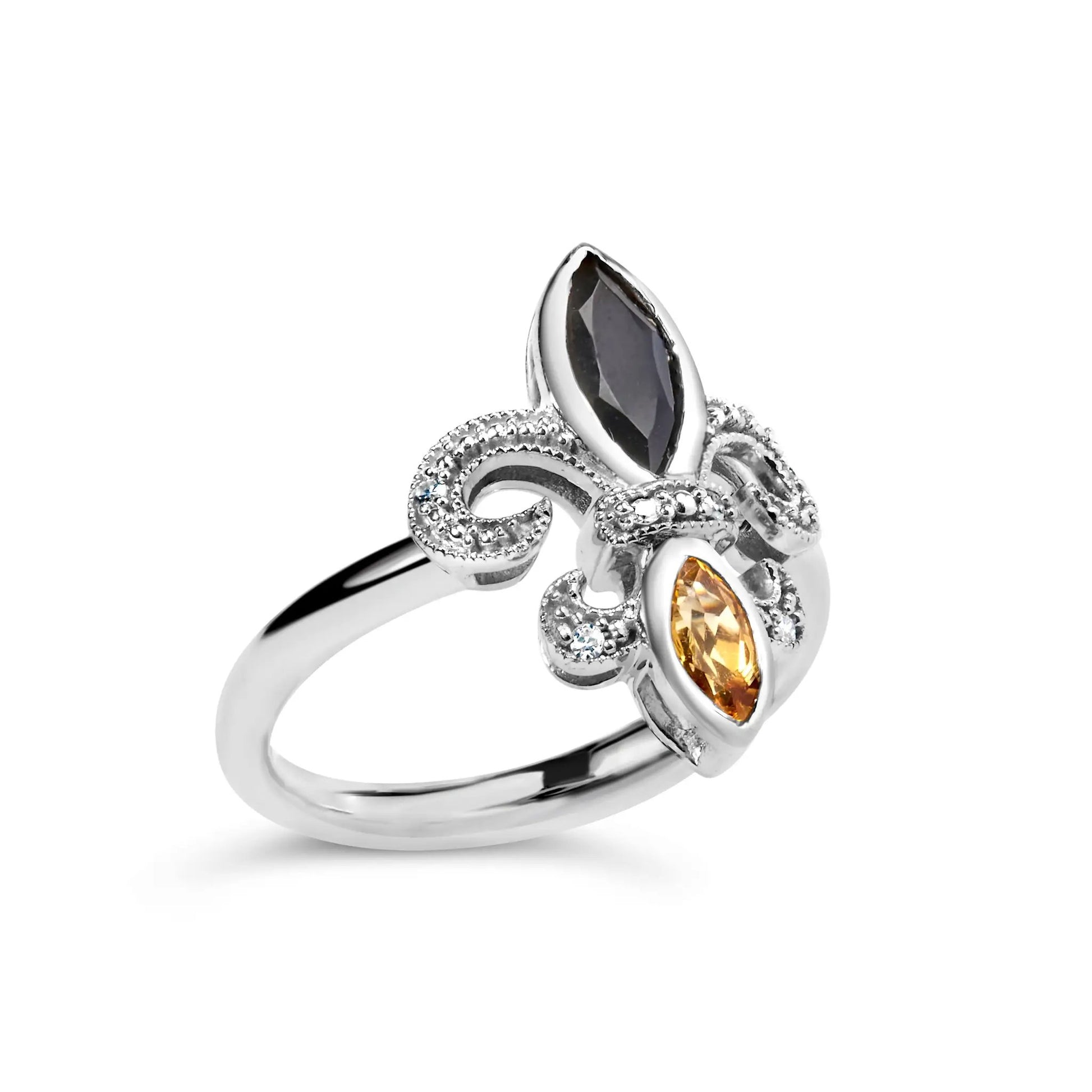 Sterling silver fleur-de-lis ring with black onyx and yellow citrine marquise stones on Tampa Home & Garden Store