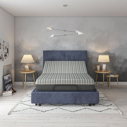 Copper Lux Hybrid 14in Mattress by HouseOfZazla on blue upholstered bed in a modern bedroom on Tampa Home & Garden Store