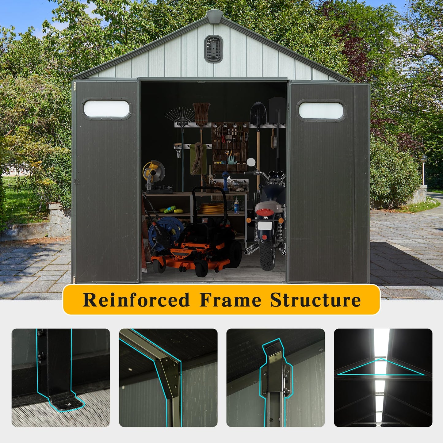 8x6FT resin outdoor shed by HouseOfZazla with lockable doors, tools and motorcycle inside on Tampa Home & Garden Store