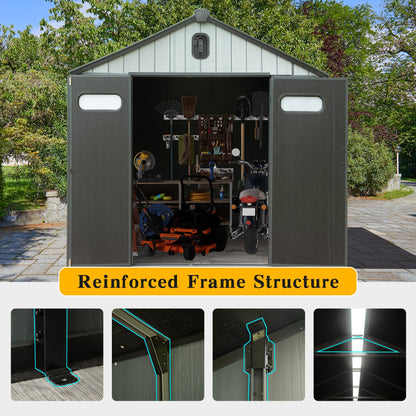 8x6FT resin outdoor shed by HouseOfZazla with lockable doors, tools and motorcycle inside on Tampa Home & Garden Store