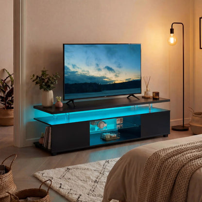 TV stand with LED lighting and large side cabinet, black finish by Unique Piece Furniture on Tampa Home & Garden Store