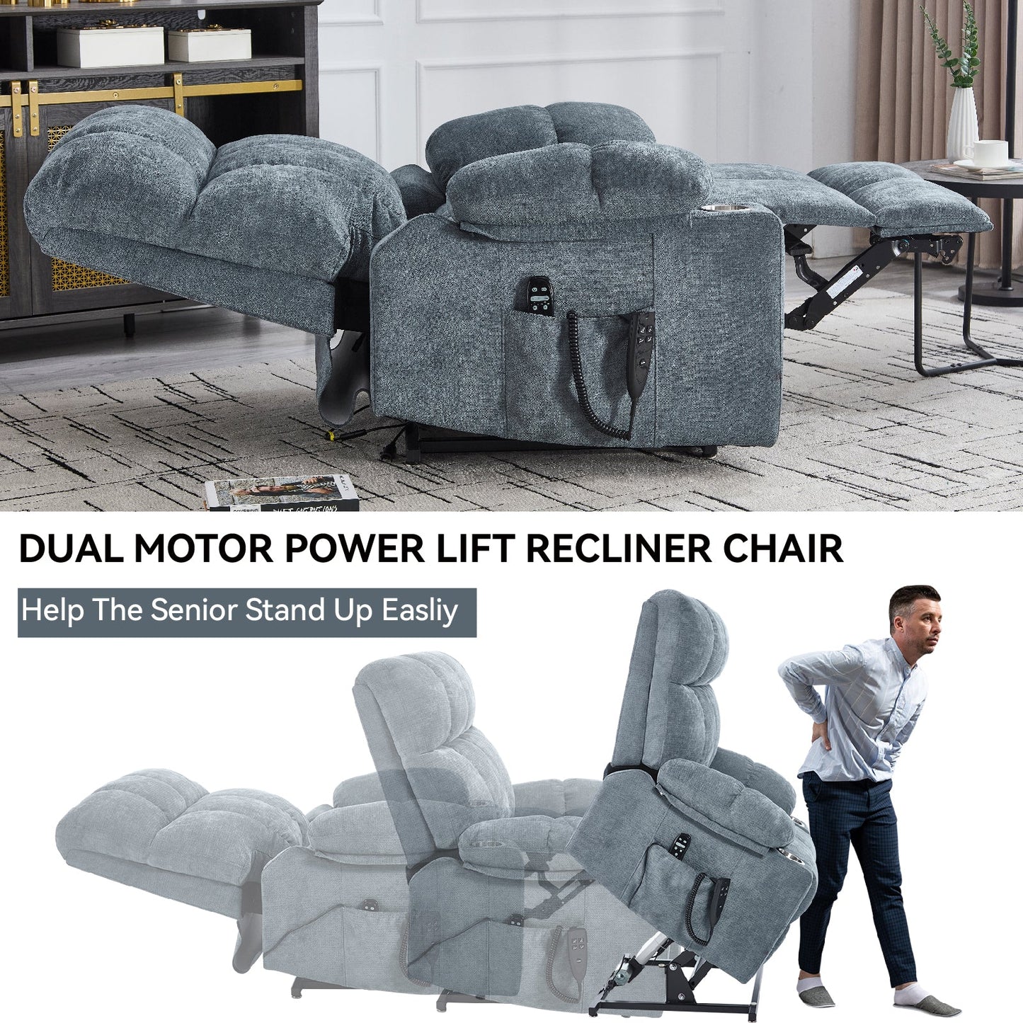 Grey chenille power lift recliner chair by HouseOfZazla with dual motors on Tampa Home & Garden Store