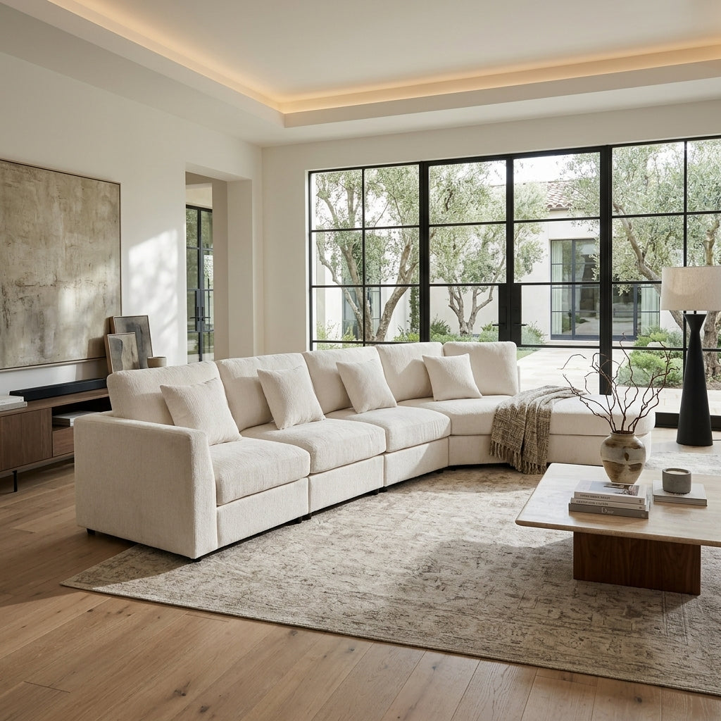 U_Style Modern 5-Seater curved modular sectional sofa in ivory fabric by HouseOfZazla on Tampa Home & Garden Store
