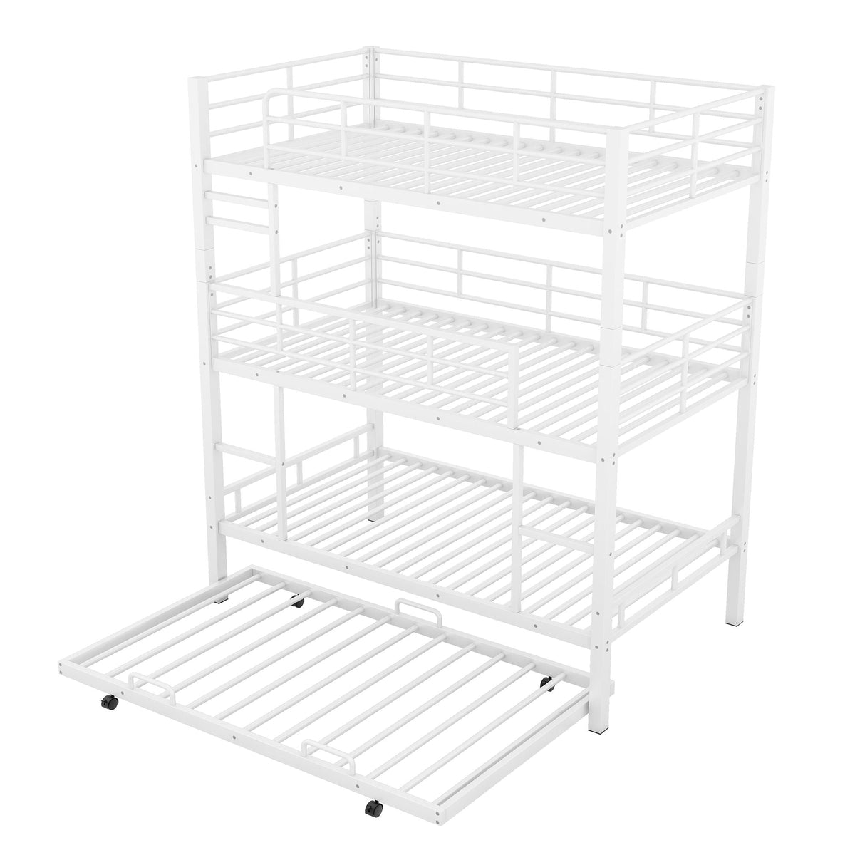 Triple Bunk Bed with Trundle in white heavy-duty steel construction by HouseOfZazla on Tampa Home & Garden Store