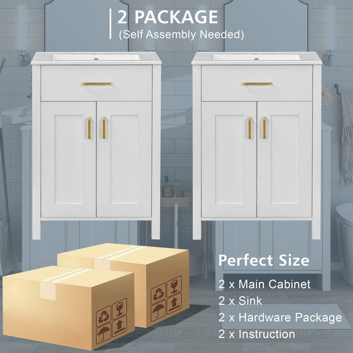 2 white modern bathroom vanities with gold hardware and soft-close doors by HouseOfZazla on Tampa Home & Garden Store