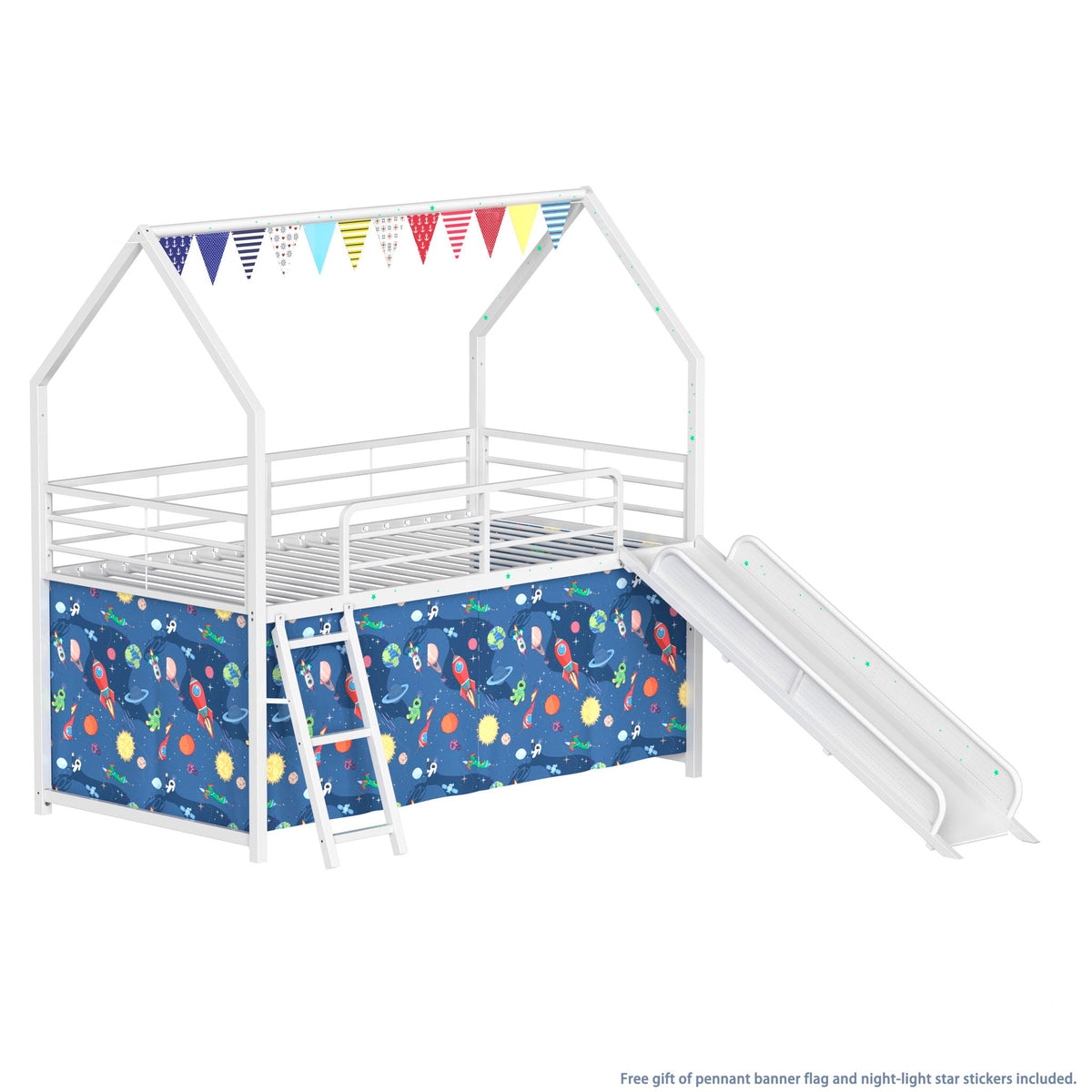 Jack loft bed with slide and curtain set, white metal frame, space-themed panels, HouseOfZazla on Tampa Home & Garden Store