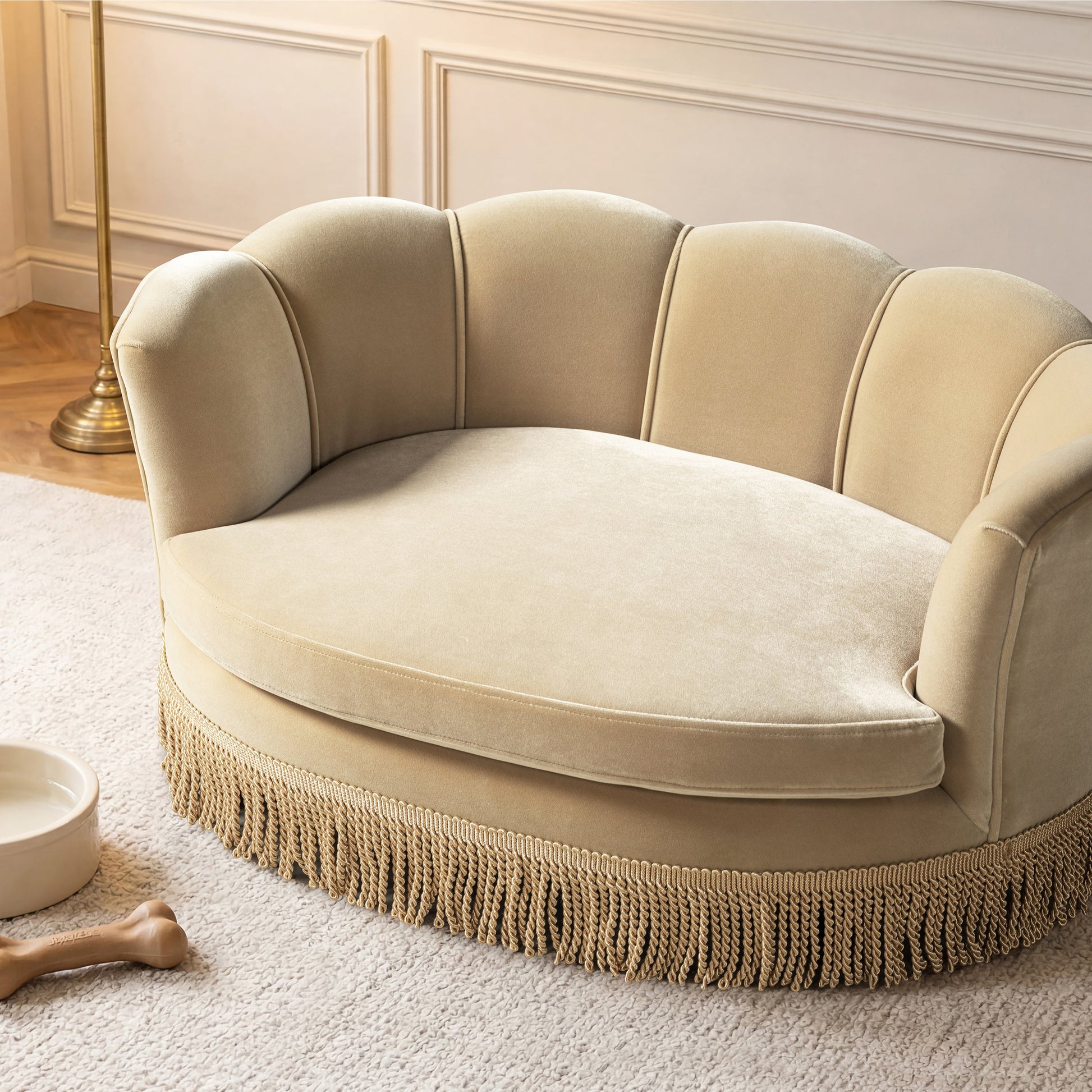 Clara 34.5in Scalloped Pet Sofa Bed, Medium, Fawn with fringe by HouseOfZazla on Tampa Home & Garden Store