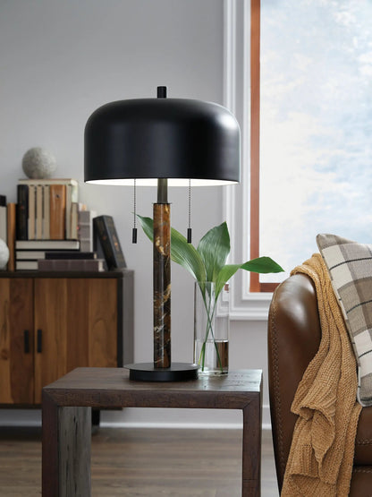 Alanbert metal table lamp with black dome shade and brown marble column on a wood table on Tampa Home & Garden Store