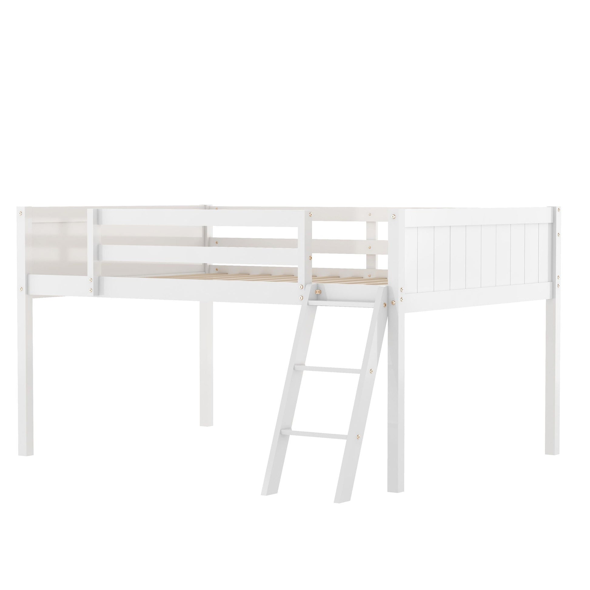 Low loft bed with adjustable ladder, white wooden frame and guard rails, HouseOfZazla on Tampa Home & Garden Store