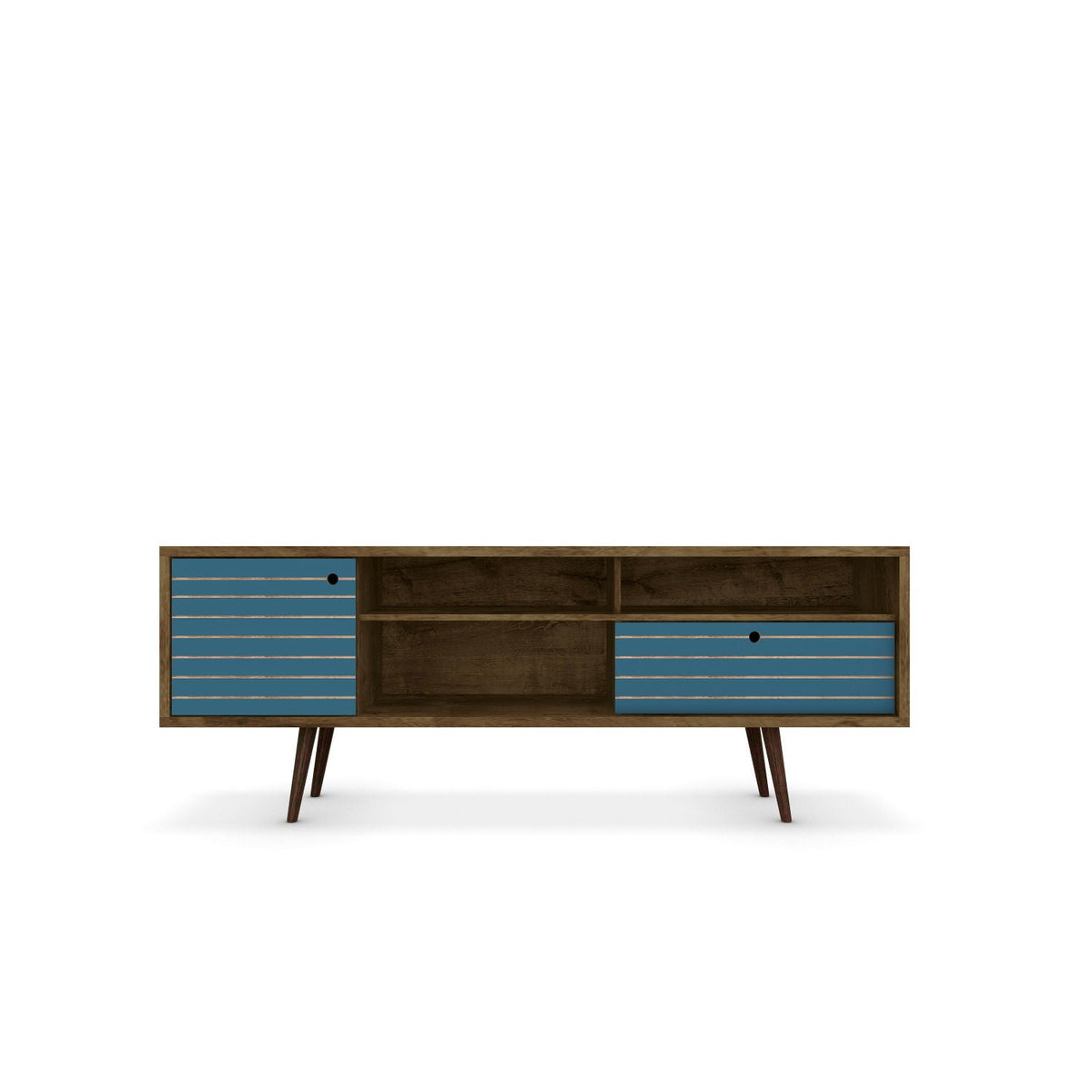 TV Stand wire management, wood finish, blue striped drawers, storage, HouseOfZazla on Tampa Home & Garden Store