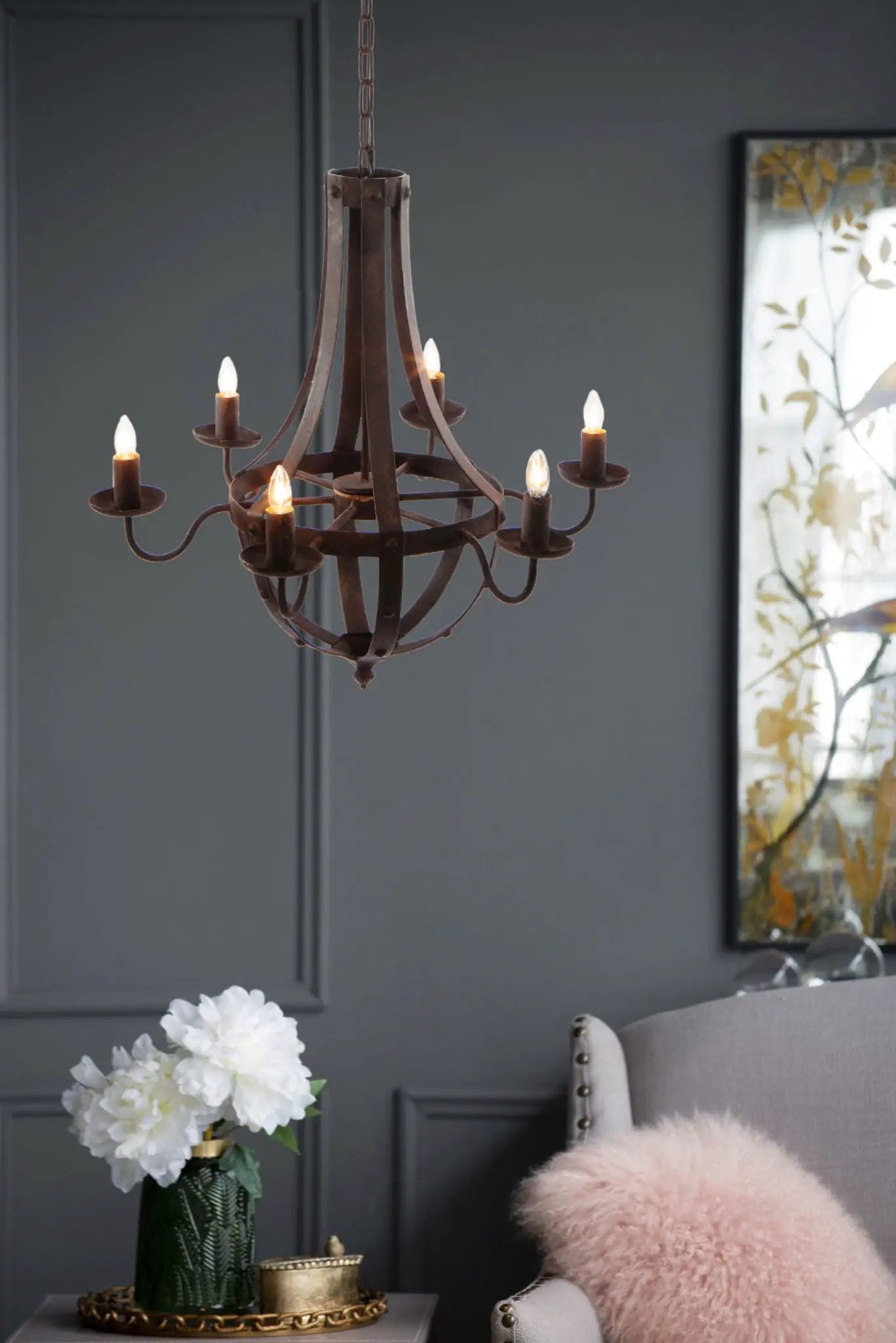 6 Light Metal Chandelier Unique Piece in black with adjustable chain bulbs not included on Tampa Home & Garden Store
