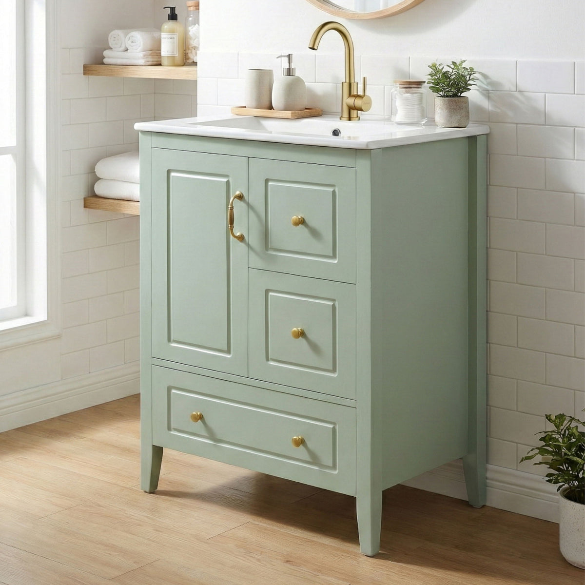Retro bathroom vanity by HouseOfZazla mint green cabinet, ceramic sink, soft-closing drawers on Tampa Home & Garden Store