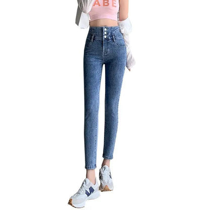 Women's High Waist Fleece Padded Jeans blue denim FLIPSTYLEZLLC triple-button front on Tampa Home & Garden Store
