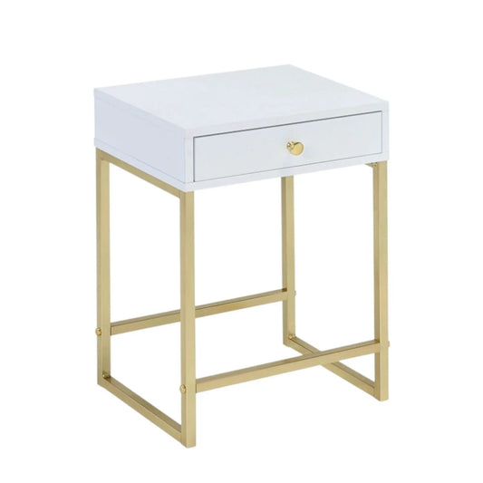 Coleen accent table white glossy top with one drawer and gold metal legs on Tampa Home & Garden Store