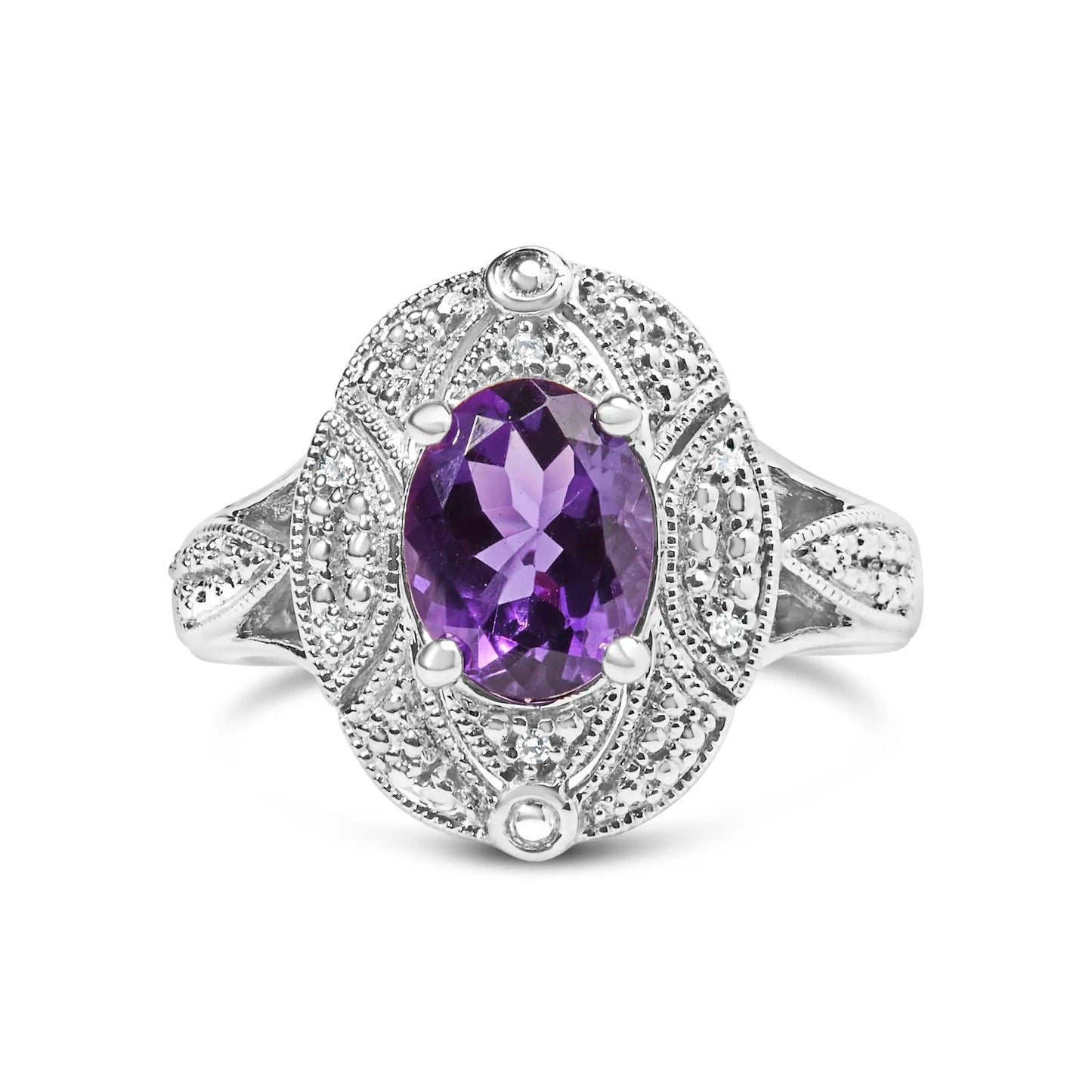 Sterling silver oval 9x7mm amethyst cocktail ring with diamond accents in Art Deco style on Tampa Home & Garden Store