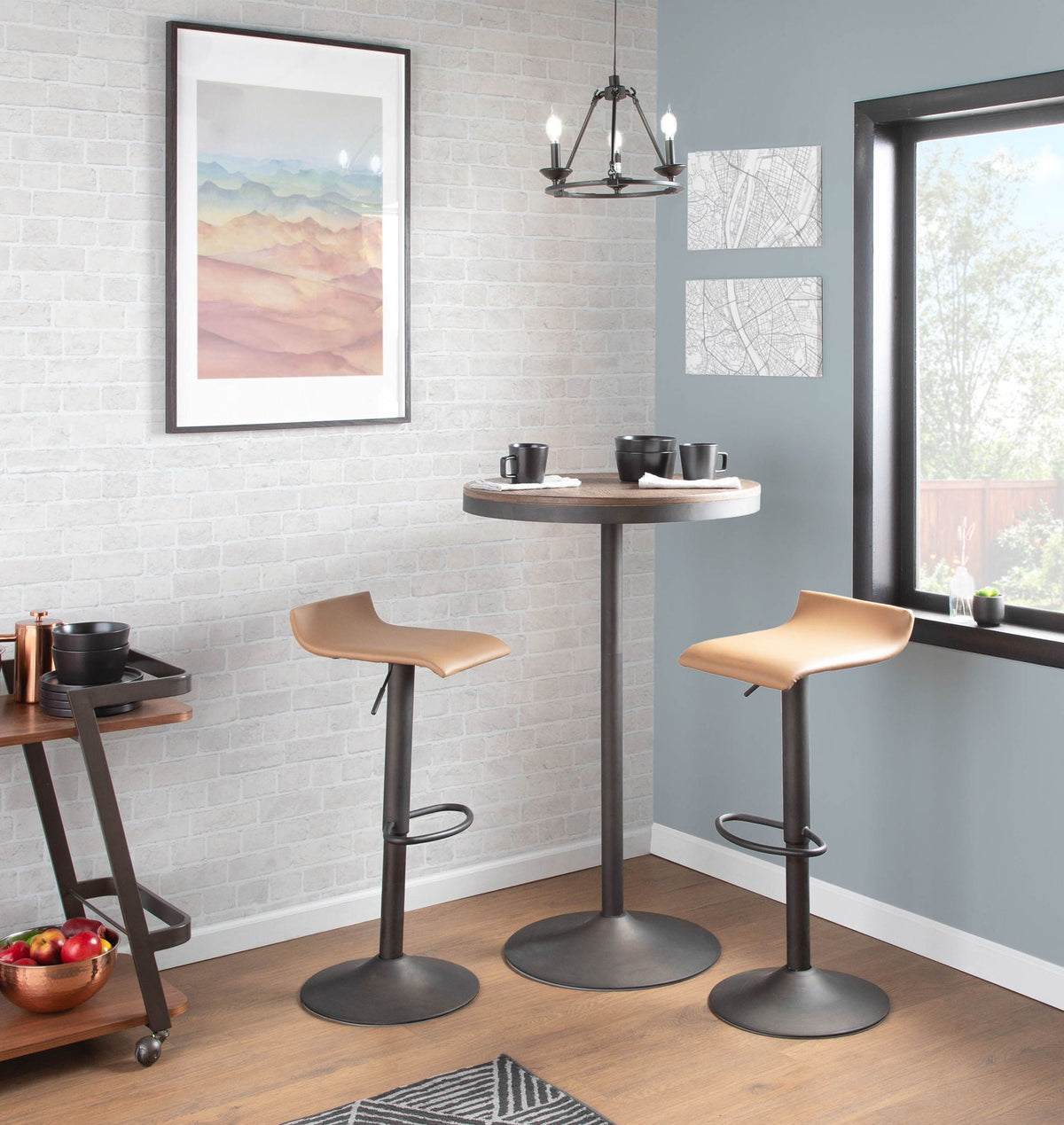 Dakota Industrial Adjustable Bar/Dinette Table - Antique brown top with black pedestal base on Tampa Home & Garden Store