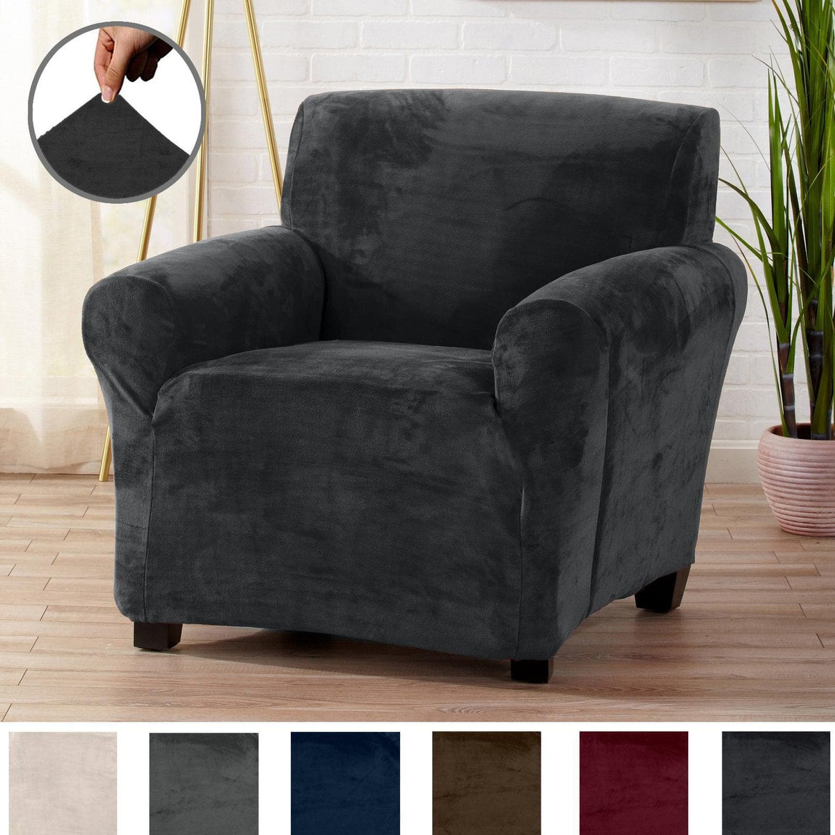 Velvet Stretch Slipcover Gale Great Bay Home charcoal gray for armchair with stretch fit on Tampa Home & Garden Store
