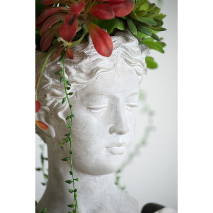Planter Greek style cement head planter in gray with green trailing vines and red foliage HouseOfZazla on Tampa Home & Garden Store