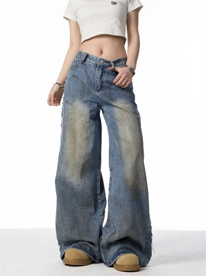 American Retro Gradient Jeans for Women, high-waist wide-leg blue denim with faded patches on Tampa Home & Garden Store