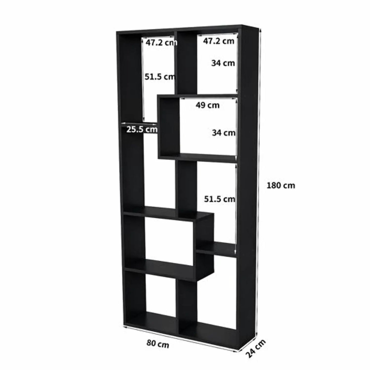 Asymmetrical display shelf & bookcase, black 5-tier etagere with open shelves, 80x24x180 cm on Tampa Home & Garden Store