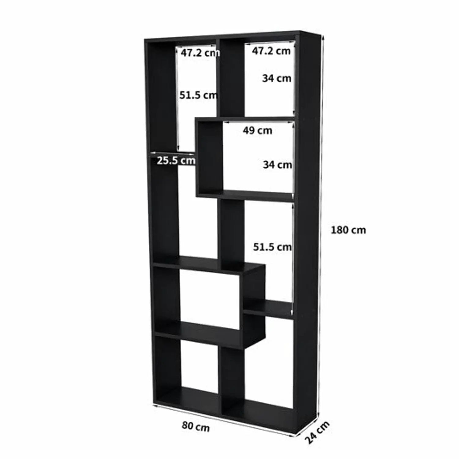 Asymmetrical display shelf & bookcase, black 5-tier etagere with open shelves, 80x24x180 cm on Tampa Home & Garden Store