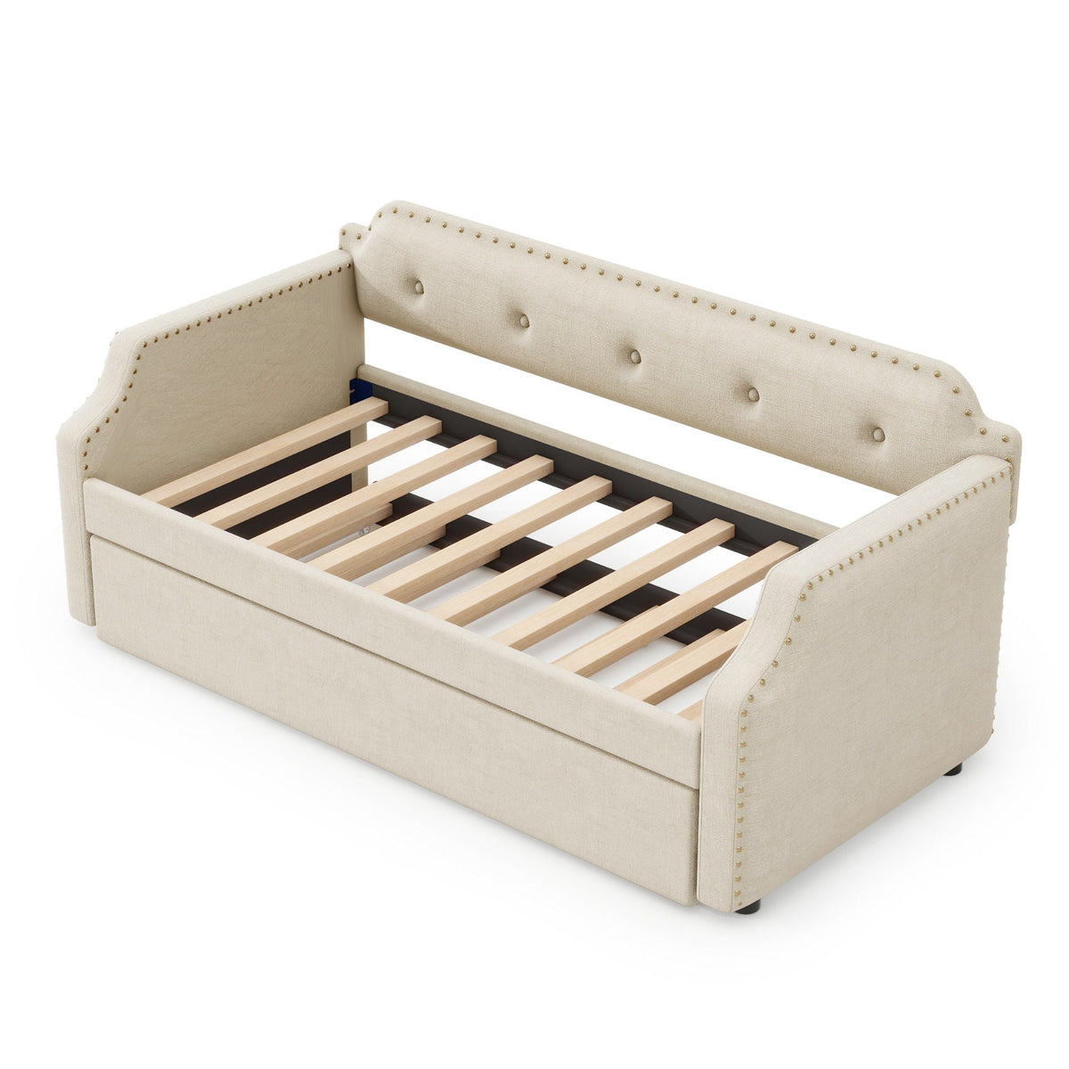 Upholstered Daybed with Trundle in beige fabric, nailhead trim, HouseOfZazla on Tampa Home & Garden Store