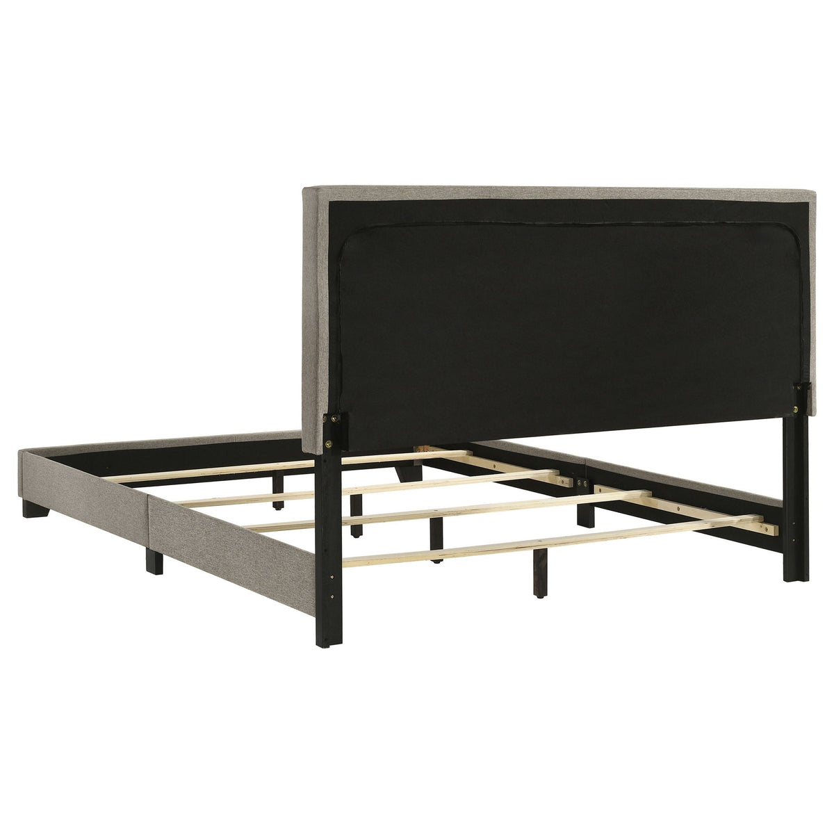 Efram Panel Bed by HouseOfZazla, grey upholstered platform bed with black metal frame on Tampa Home & Garden Store