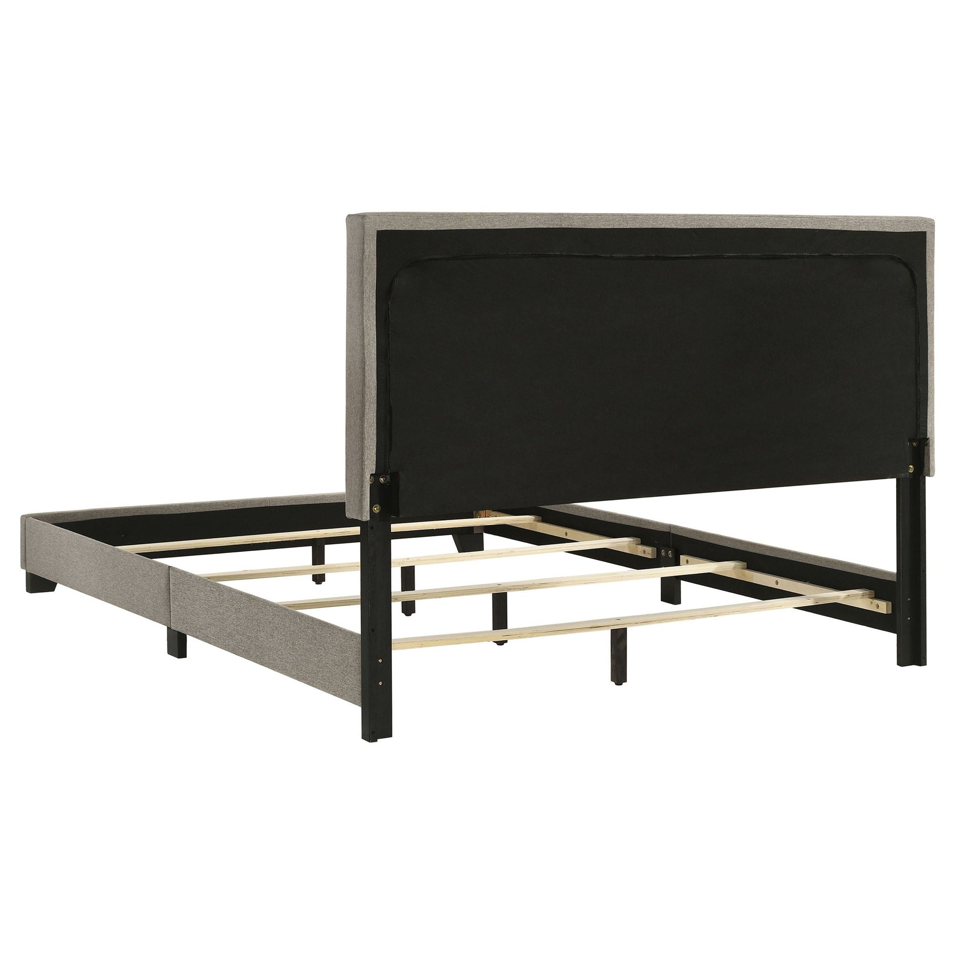Efram Panel Bed by HouseOfZazla, grey upholstered platform bed with black metal frame on Tampa Home & Garden Store