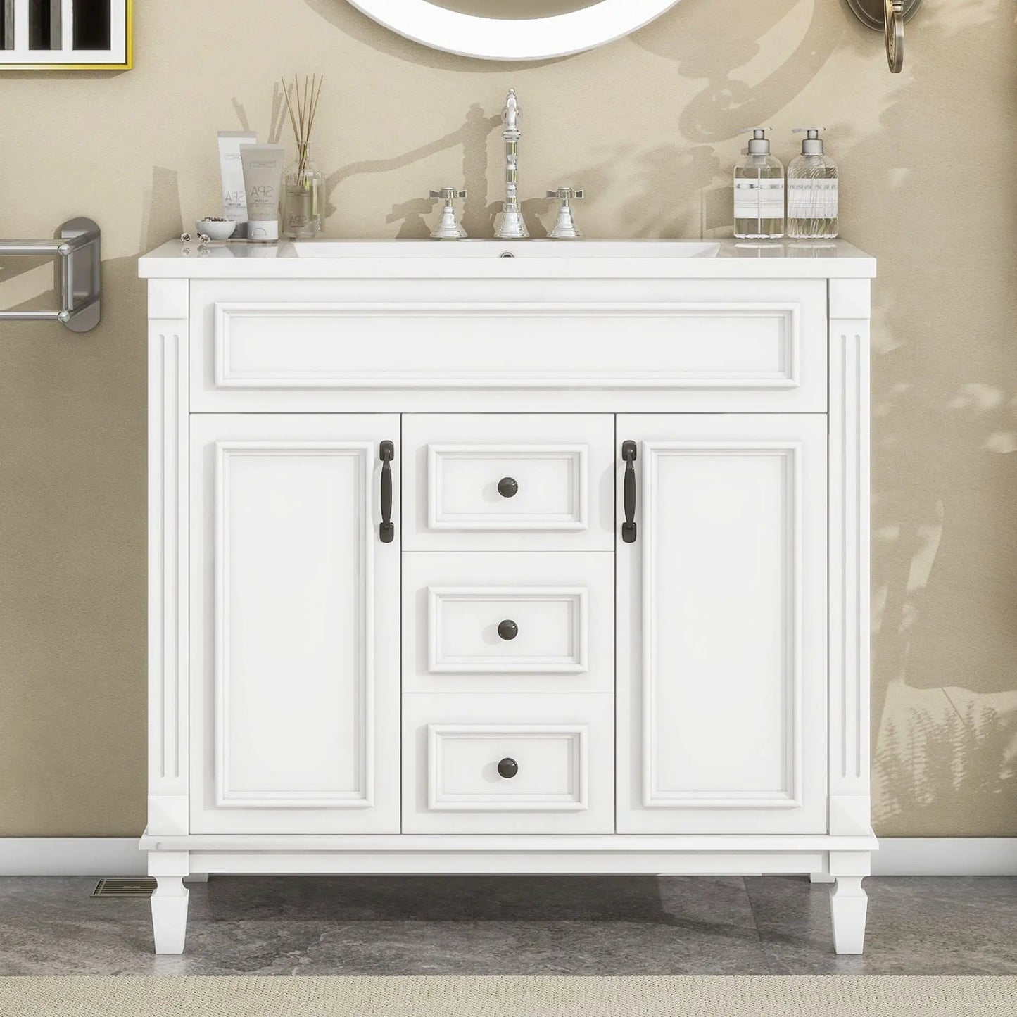 White bathroom vanity with top sink and basin, 2 soft-closing doors and 2 drawers on Tampa Home & Garden Store
