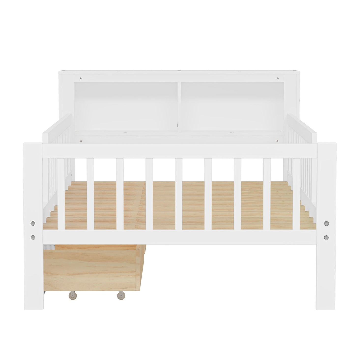 Bed with headboard storage rack white, 2 under-bed drawers, 3 side guardrails HouseOfZazla on Tampa Home & Garden Store