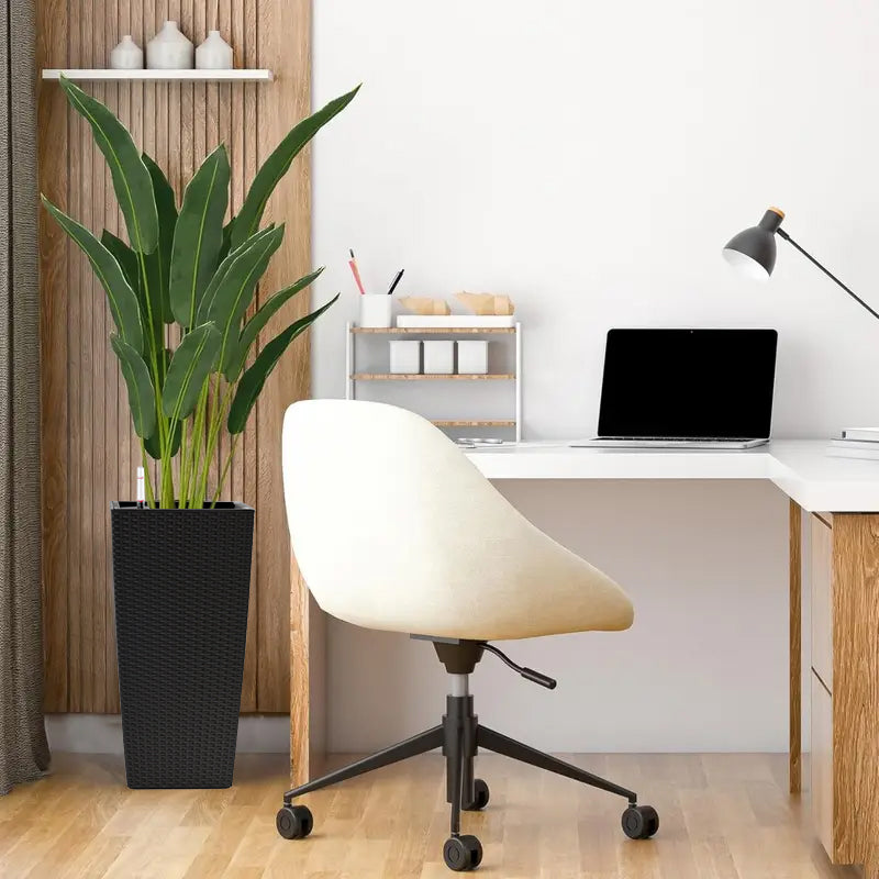 Pack of 2 square black planters with automatic watering system beside a white office desk on Tampa Home & Garden Store