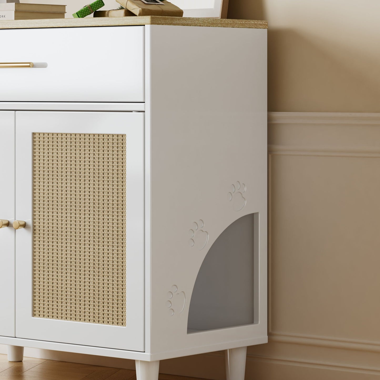 Cat litter box enclosure with scratch pad in white and light brown wood cabinet on Tampa Home & Garden Store