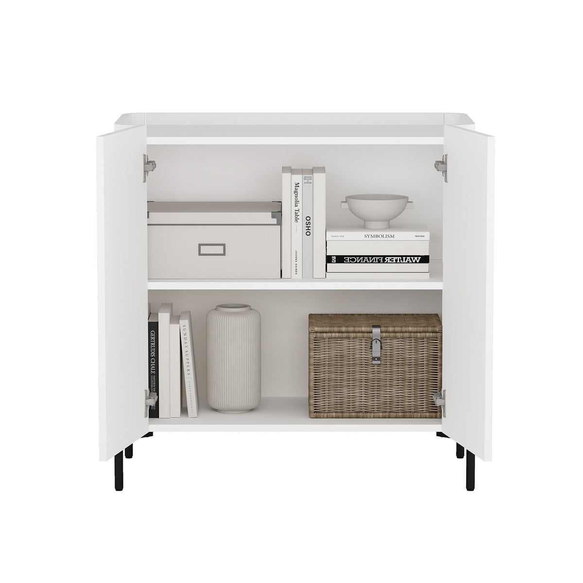 Abbey Accent Cabinet white with soft-close doors and rounded edges; interior shelves hold books and a decorative bowl on Tampa Home & Garden Store