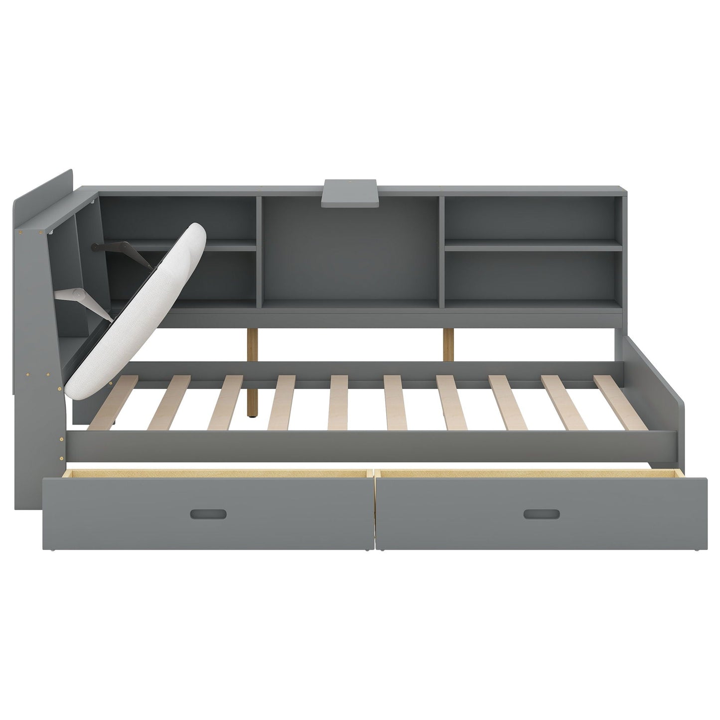 Gray platform bed with storage headboard, shelves and two drawers, wood slat base on Tampa Home & Garden Store
