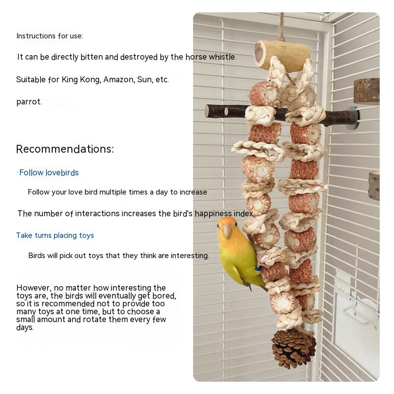 Medium and large parrot grinding toy with wooden blocks and rope, parrot in cage on Tampa Home & Garden Store