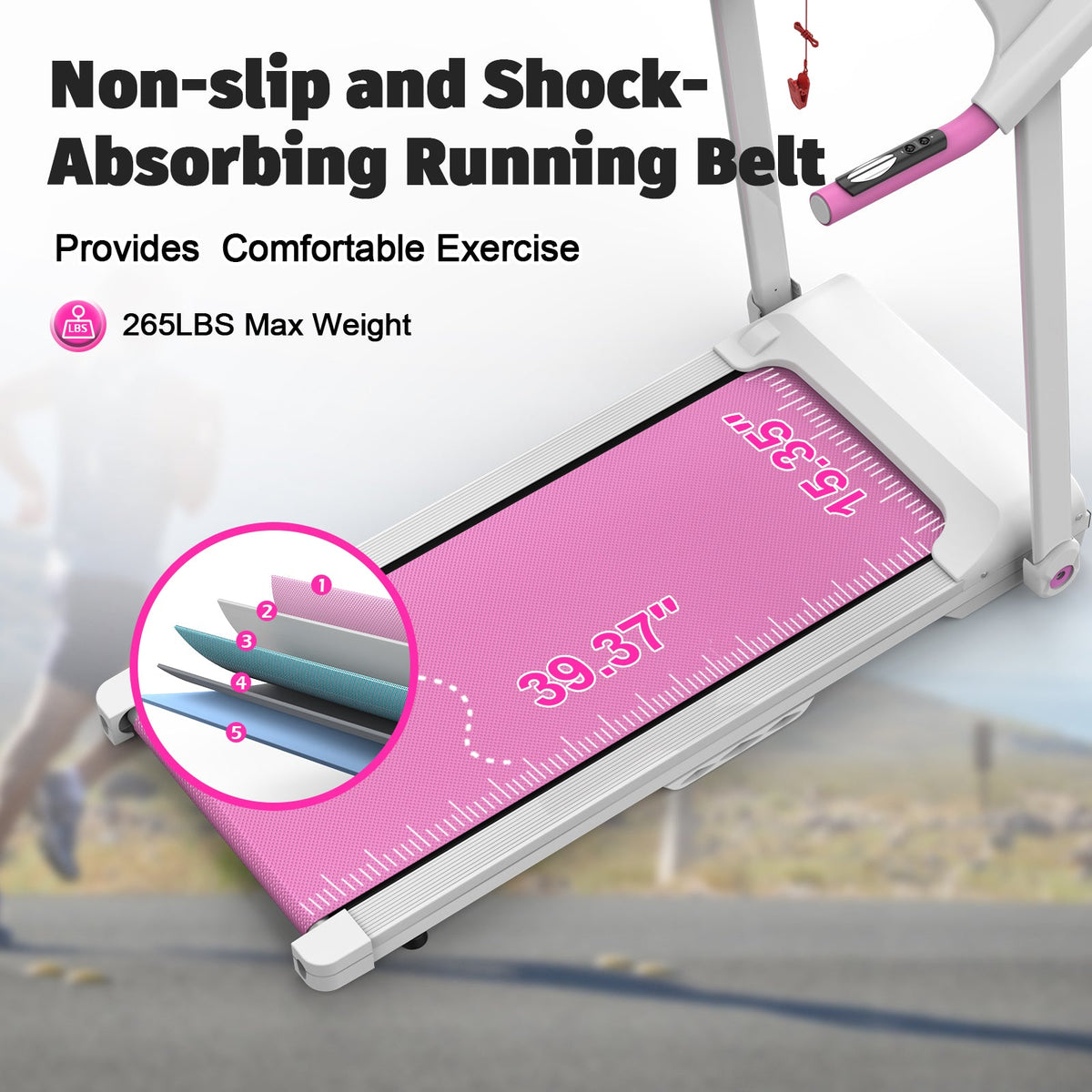 Foldable treadmill with pink running belt, 2.5HP motor by HouseOfZazla; belt, 265 lbs max on Tampa Home & Garden Store